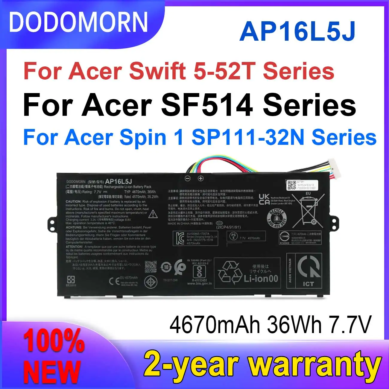 

DODOMORN New AP16L5J Battery For Acer Aspire Swift 5 SF514-52T Spin 1 SP111-32N 2ICP4/91/91 36Wh Fast delivery