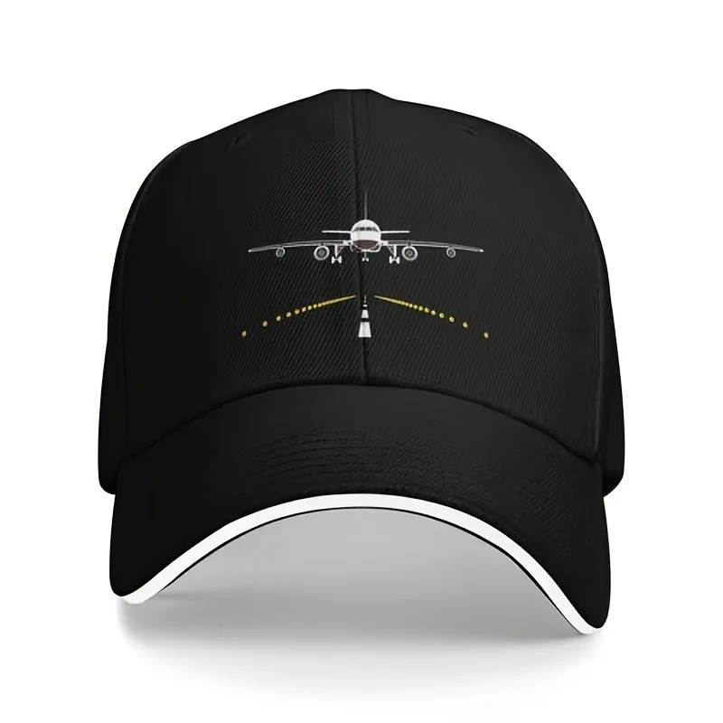 

Aviation-Themed Baseball Cap for Men & Women - Black with Red Airplane & White Runway Design, Sporty Casual Hat