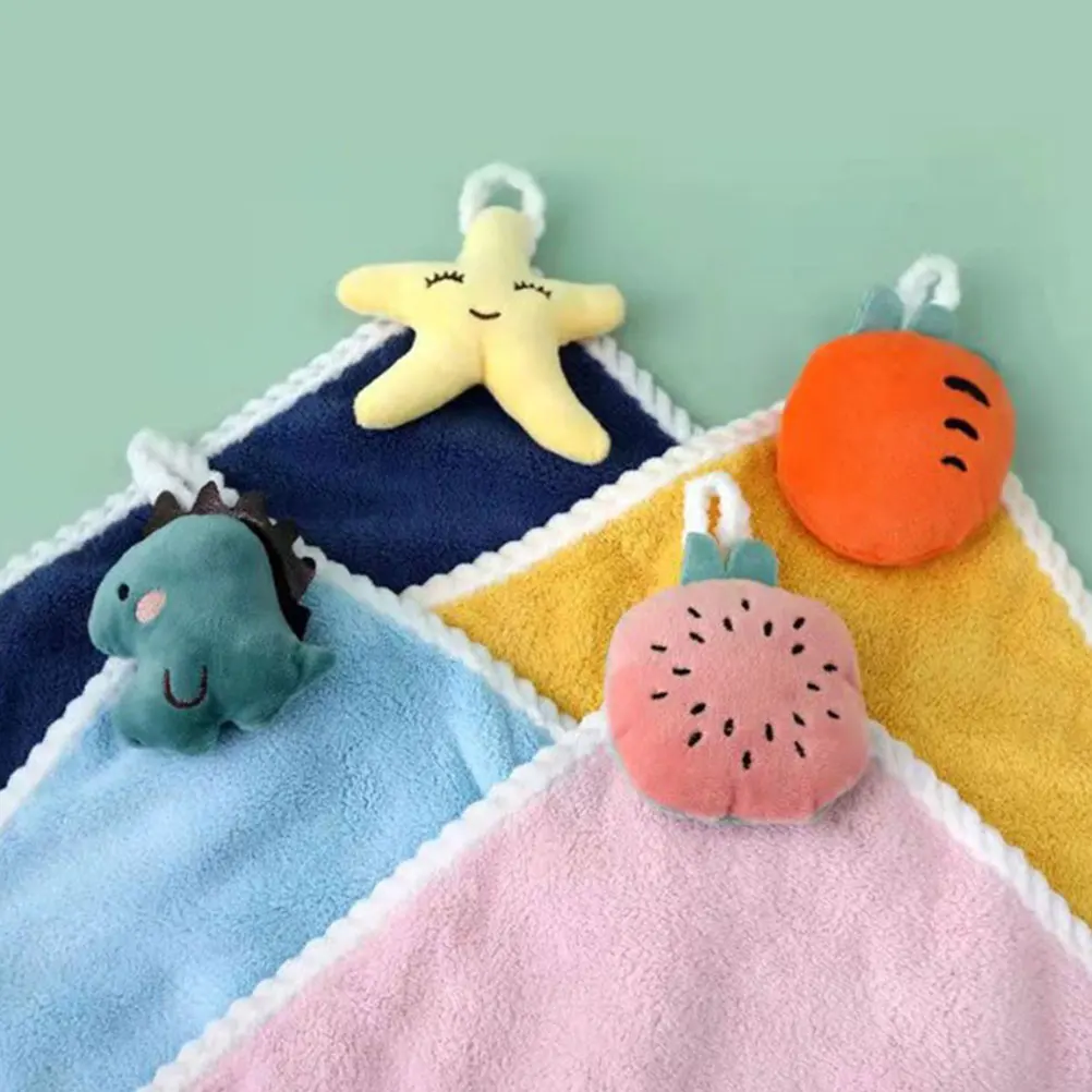 

Coral Fleece Hand Towel Absorbent Kitchen Bath Towels Reusable Hanging Quick Dry Cartoon Design Storage Space Saving Glass Clean