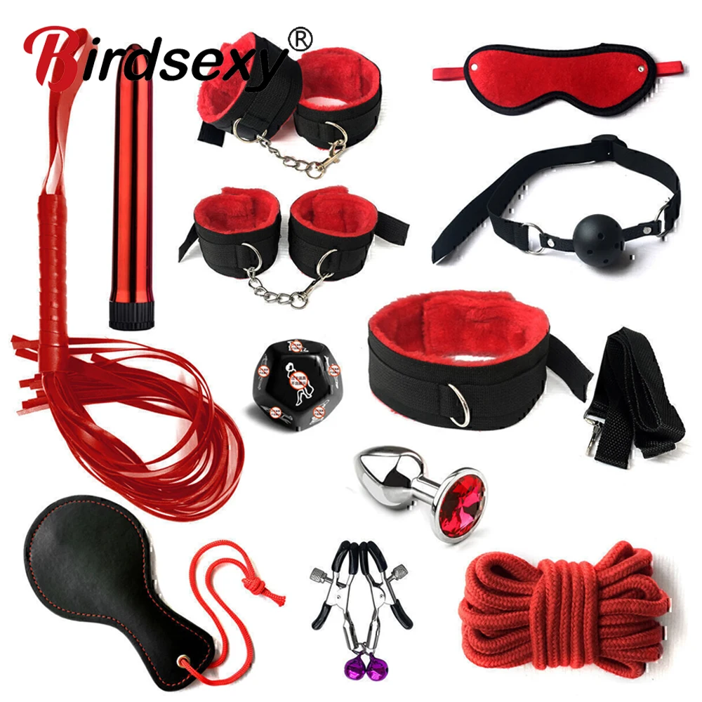 BDSM Kits Sex Bondage Set Handcuffs Gag Whip Nipple Clamps Erotic Sex Toys for Women Couples Adult Sex Shop Anal Butt Plug Tail