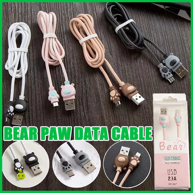 【Fast Delivery】Cute Bear Paw USB Fast Charger Cord For Micro Usb/i/Type C Phone Charger Data Charging Cable