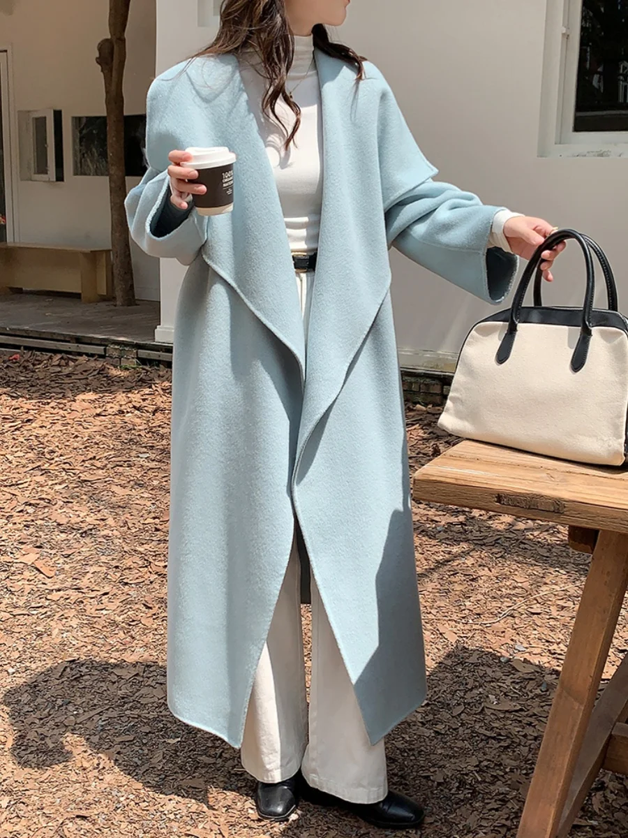 

High-end Women Double-sided Wool Long Coat Warm Baby Blue Lapel Loose Double Breasted Wool Coat Female Fashion Autumn Winter