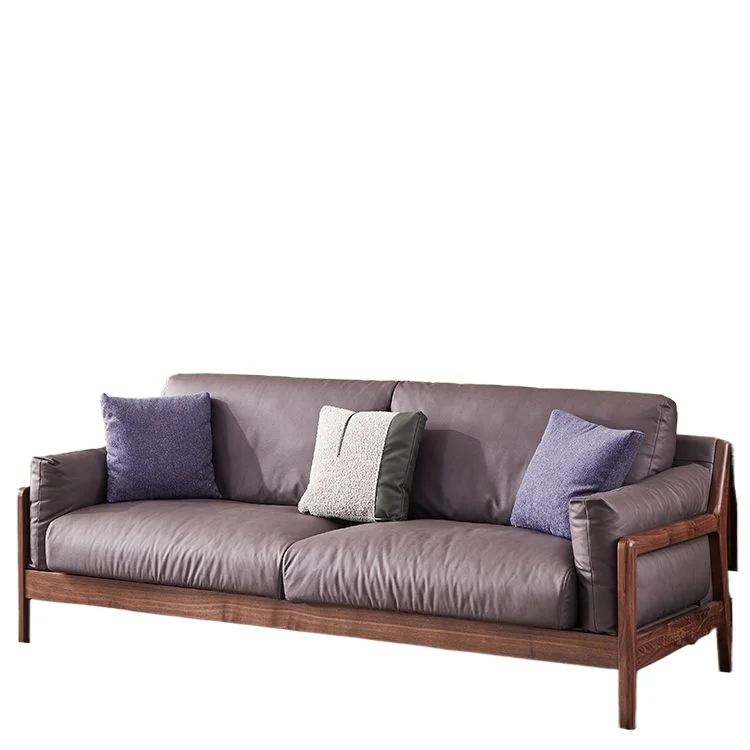 

North American black walnut sofa, leather small apartment modern simple living room Italian light luxury solid wood