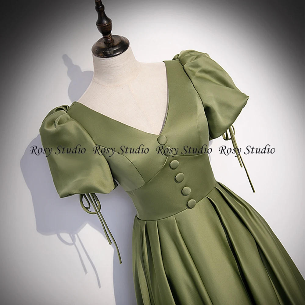 2024 Olive Green Long Prom Dresses with Short Sleeves V Neck A-Line Corset back Evening Gowns Formal Wedding Party Dress