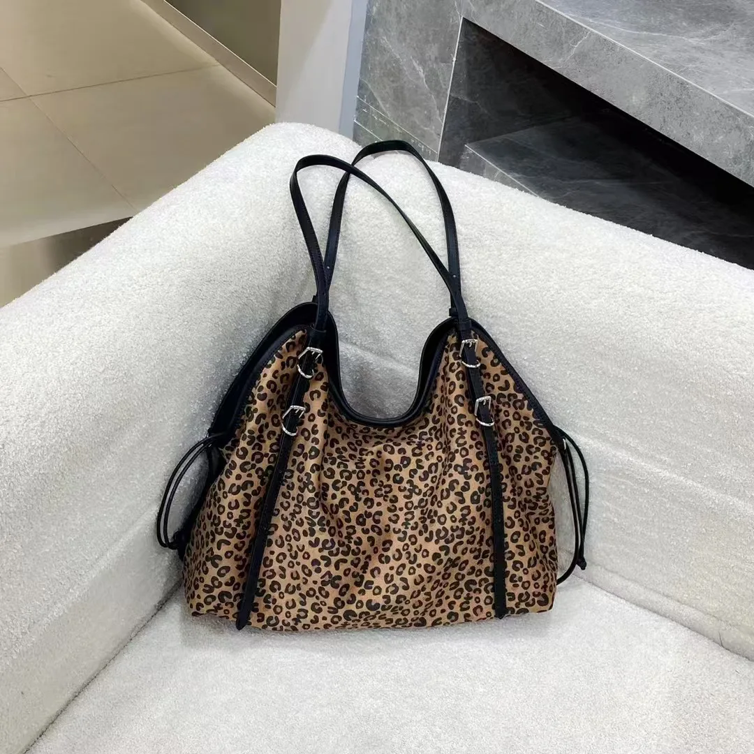 FIRMRANCH Wild Leopard Print Design Large Capacity Premium Velvet With Cowhide Women's Shoulder Bag Tote Daily Purse