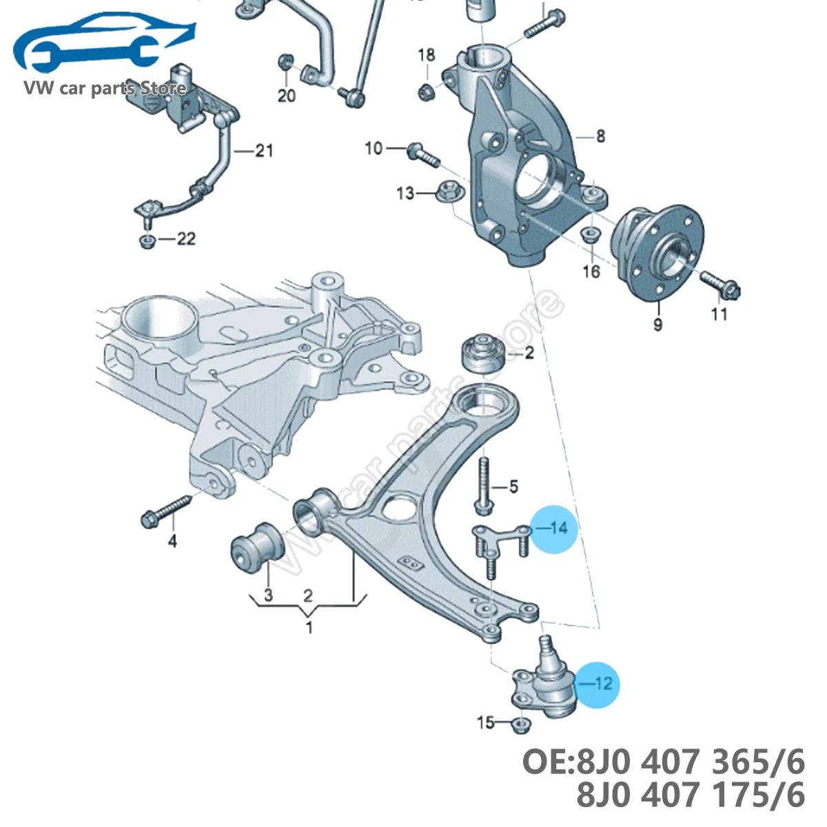 2PCS High Quality Lower Ball Joints for Audi TT & TT Quattro 2000-2006 Volkswagen Golf R32 8J0407365 8J0407366