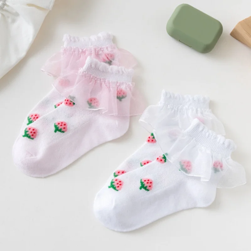 Lawadka 5Pairs/lot Kids Baby Girls Socks Lace Summer Thin Mesh Print Strawberries Children's Princess Socks For Girls 1-15Years