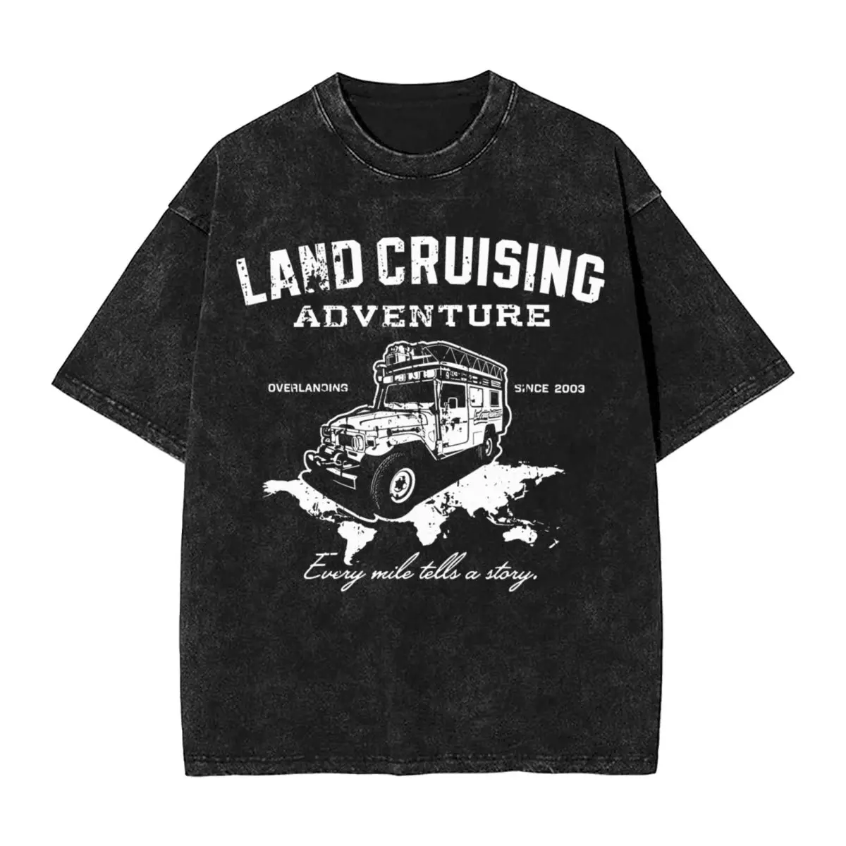 Washed T Shirts Every Mile Tells Story Land Cruiser FJ 80 T-Shirt Off Road Car Landcruising Adventure Graphic Printed Tee Shirt