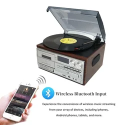 Versatile Multifunctional Vintage Phonograph 3 Speed Adjustable Vinyl Record Player with Record Player CD Cassette FM/AM Radio