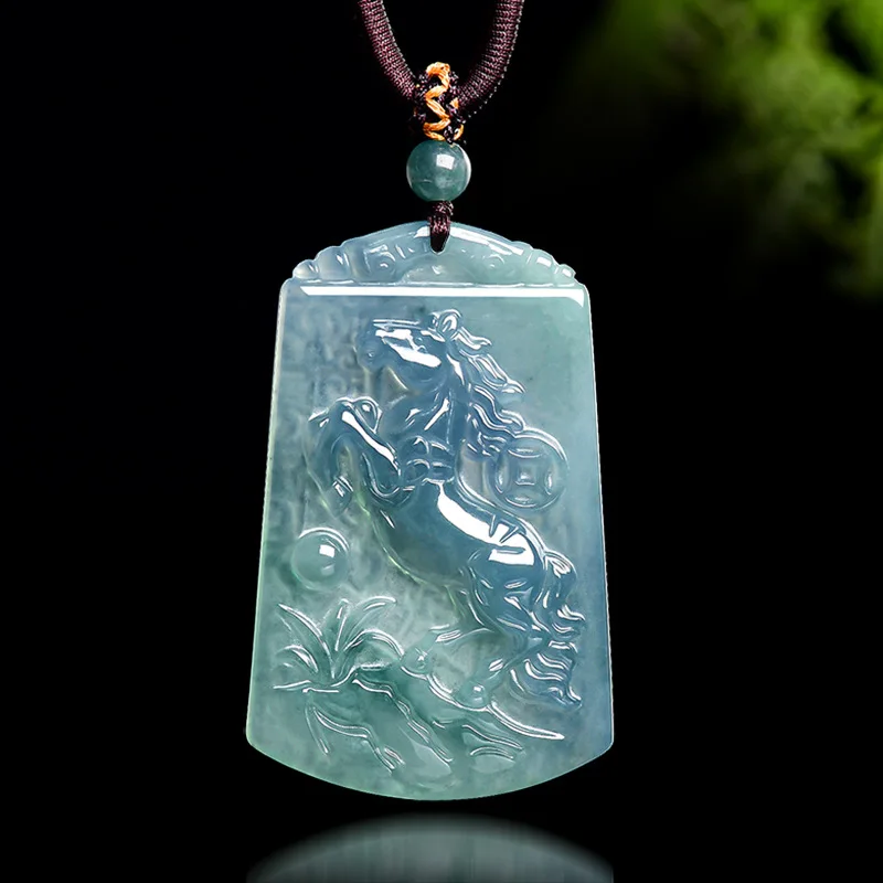 Natural A-grade Blue Water Jade Horse Pendant Zodiac Sign Necklace Ice Seed Jadeite Jewelry For Men's Charms Women's Gifts