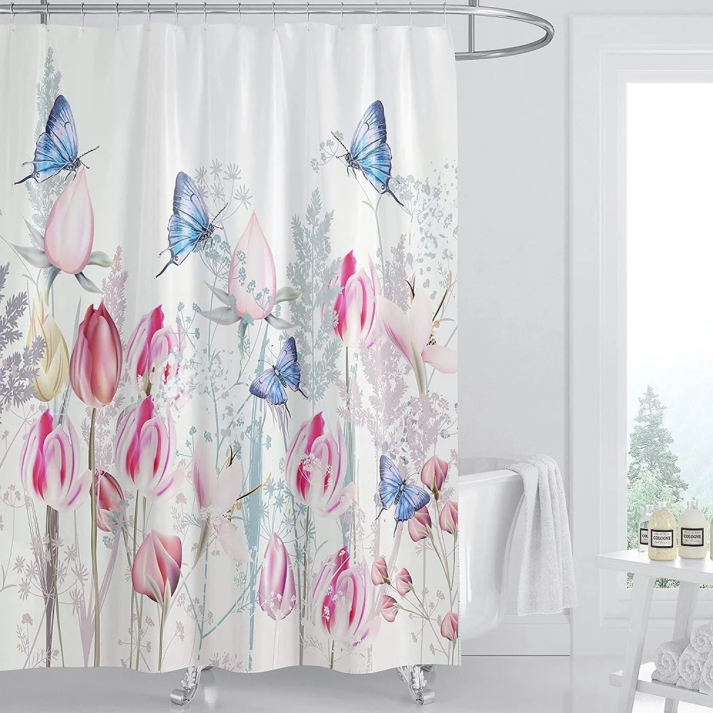 

Tulip Flower Butterfly Shower Curtain Pink Floral Pattern Fabric Waterproof Bath Curtains Bathroom Home Decor with Hooks Screens