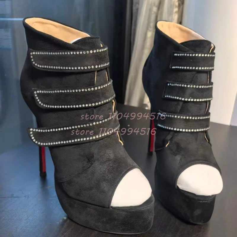 

Black Rhinestone Platform Stiletto Ankle Boots Women Suede Open Toe Slip On High Heel Boots Luxury Fashion Party Catwalk Shoes