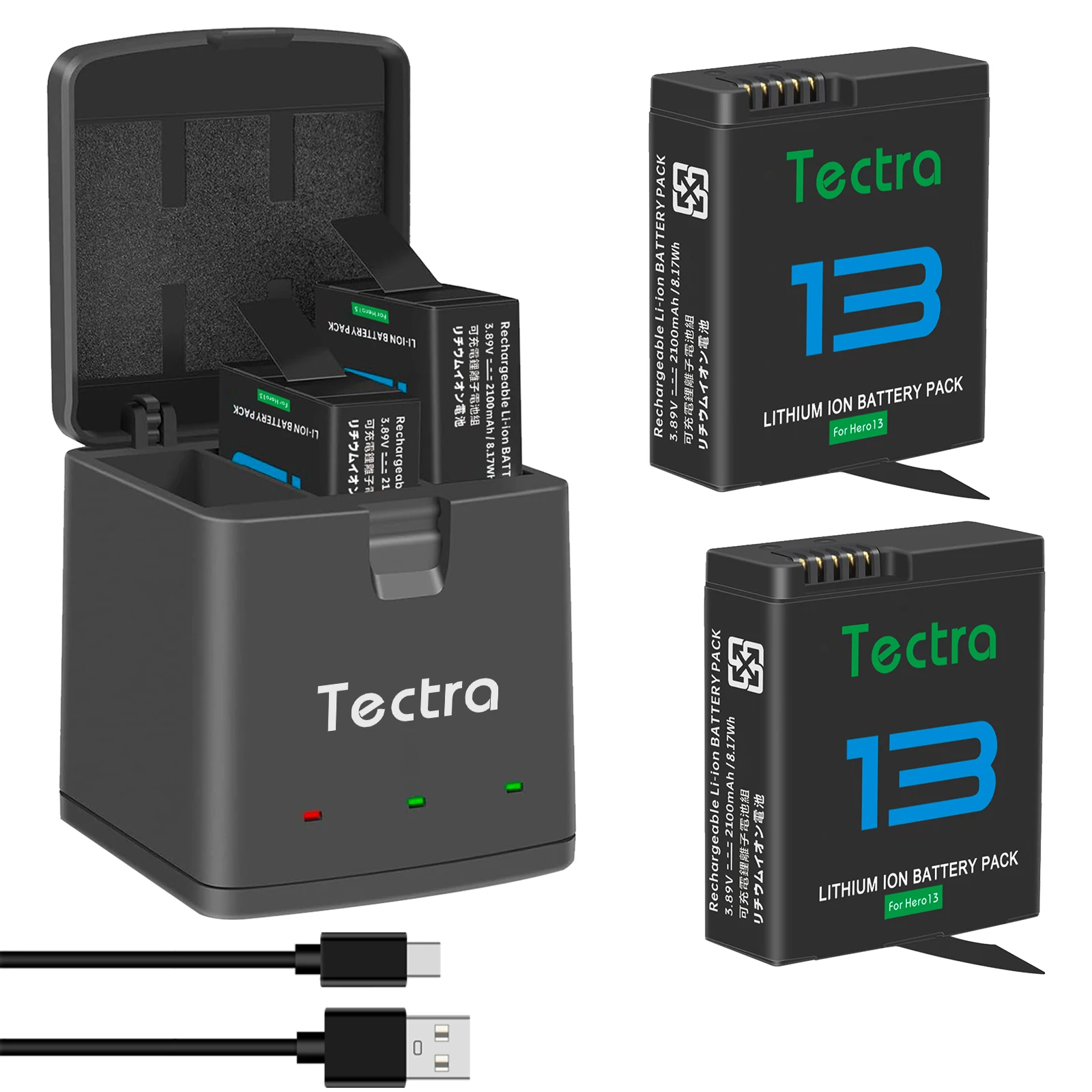 

Аккумулятор Tectra 2100 мАч Hero 13 и зарядное устройство с тремя слотами для камеры GoPro Hero 13 Black