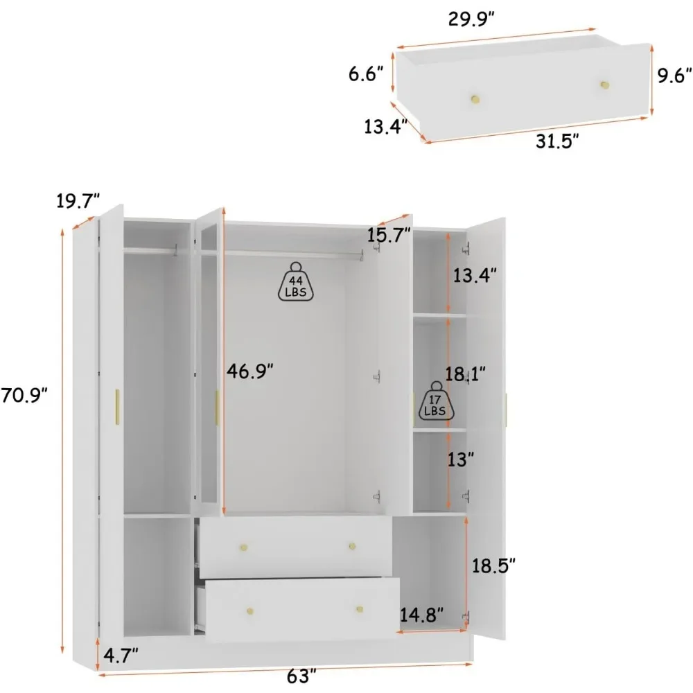 4-Door Wardrobe Closet with Mirror, Armoires and Wardrobes with Drawers and Shelves, Armoire Wardrobe Closet with Hanging Rod