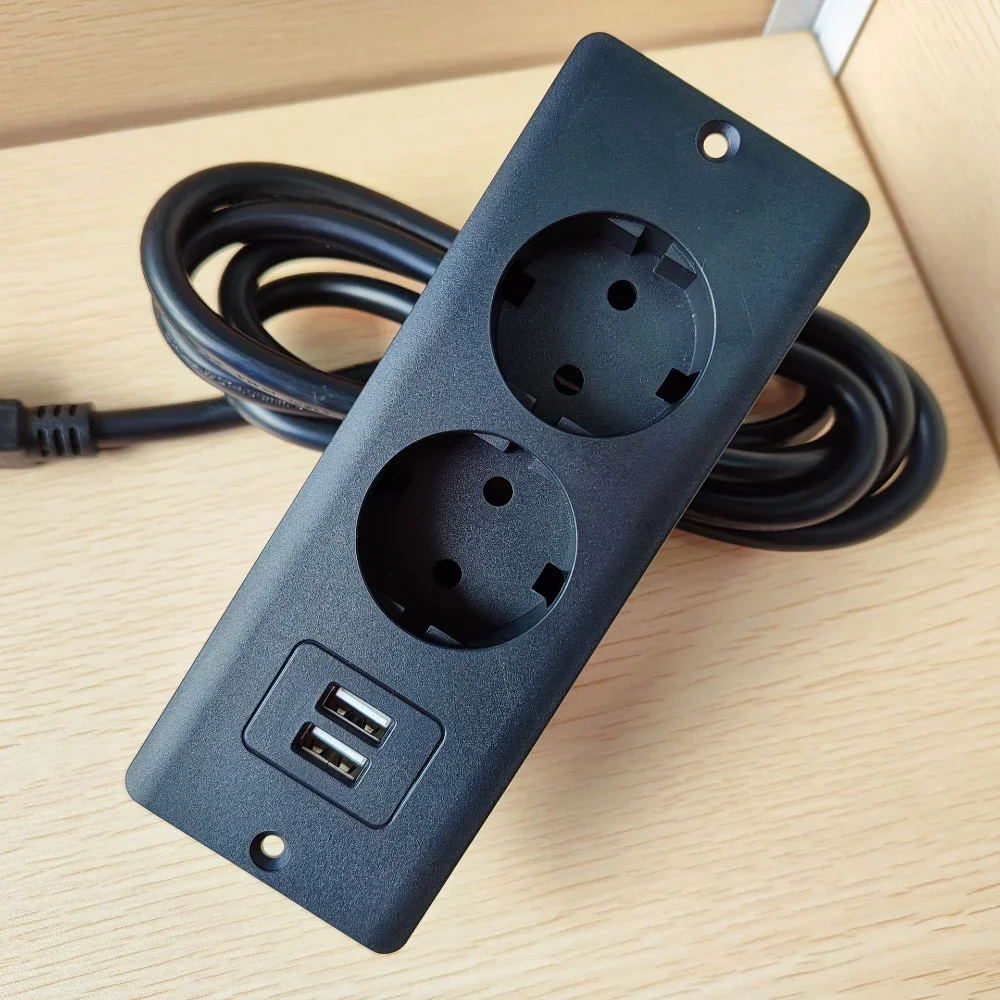 Table Hidden Sockets EU 2 Outlets with 2 USB 5V 2.1A  AC110 220 V16A 4000W Built In Desk Home Office Power Electric Black Socket