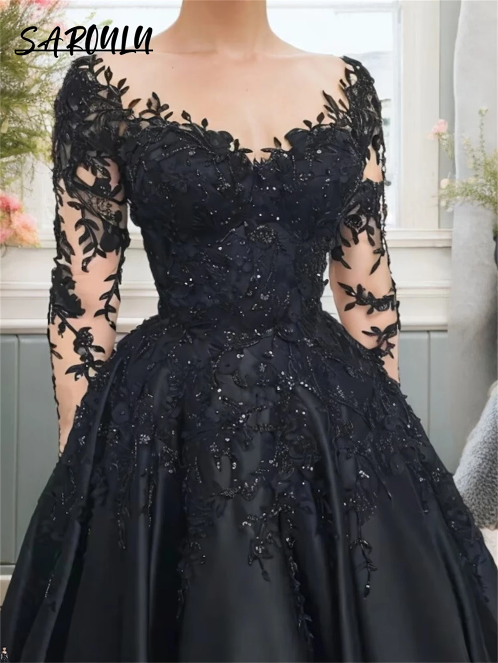 Gothic Schwarzes Hochzeitskleid Tüll Spitze Applikationen Ballkleid Maskerade Ballkleid Illusion Lange Ärmel Brautkleid Partykleid