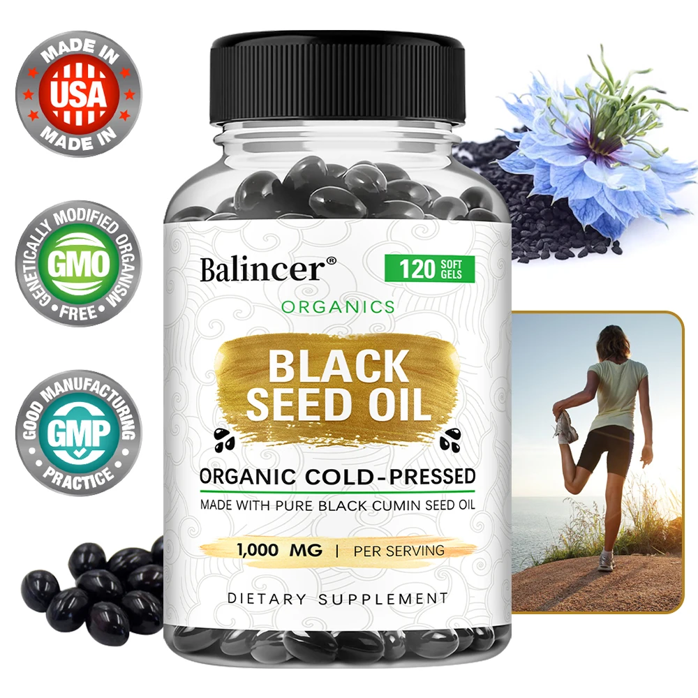 

Organic Black Cumin Seed Oil 1000 mg - Immune Support, Promotes Hair Growth, Provides Nutritive Antioxidants, Non-GMO Supplement