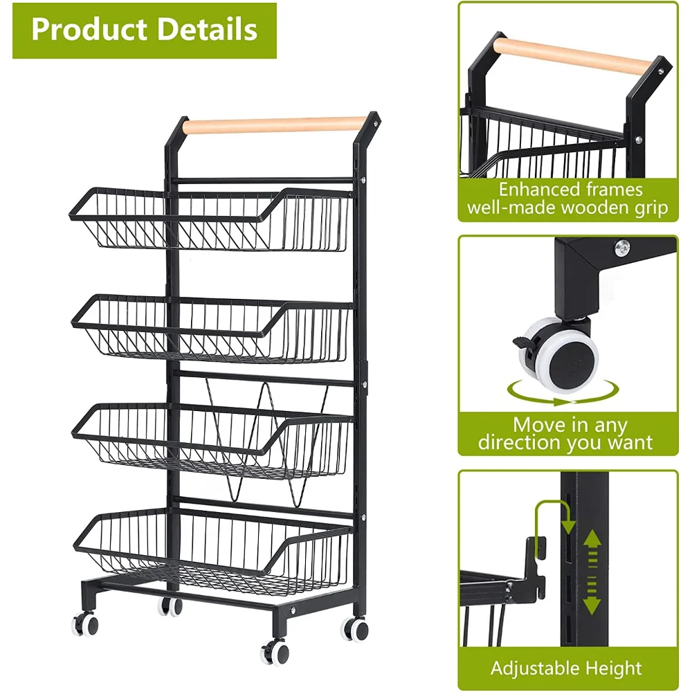 New 4 Tier Fruit Vegetable Storage Basket Rolling Cart with Handle and Wheels Black Kitchen Island Table