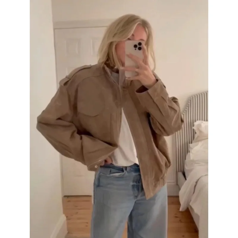 

Fashion Women's Jacket Vintage Stand-Up Collar Zipper Long Sleeve Pocket Women's Jacket Autumn New Women's Street Jacket