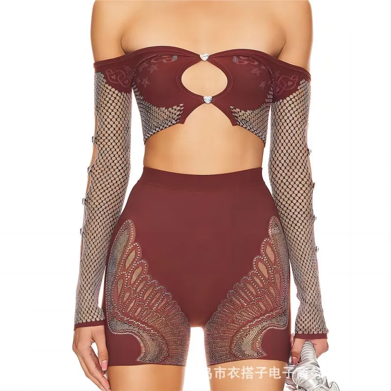 Sexy Summer Thin Off SHoulder Full Sleeve Hollow Top+Elastic Matching Shorts Mesh Patchwork 2 Piece Set Sheer New Clubwear