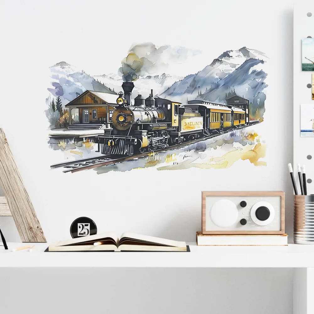 Creative Train Moving Out of The Deep Mountain Wall Sticker Self-adhesive Ink Painting Wallpaper for Living Room Bedroom Decor