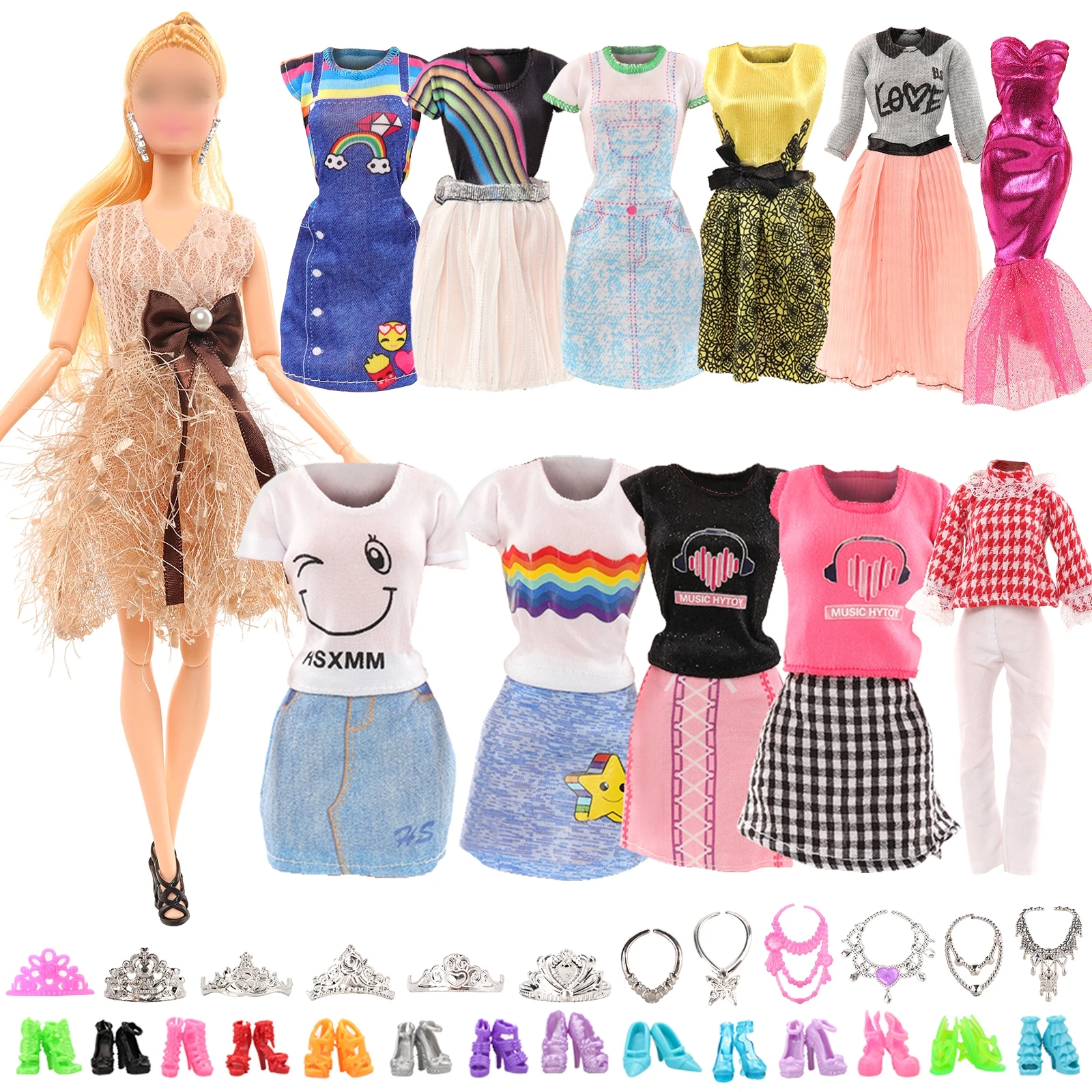 27 Pcs 1/6 Kawaii Fashion Girl Doll Clothes and Accessories-3 Dress，2 Tops+Pants or Short Skirts，10 Shoes，12 Crowns Necklace