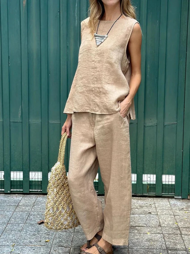 

2024 Summer Fashion Cotton and Hemp Women's New Matching Collection Loose Round Neck Sleeveless Top Wide Leg Pants Two Piece Set