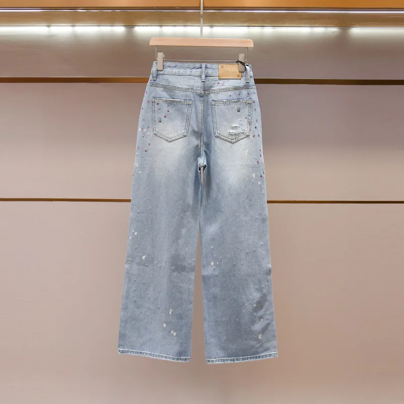ANJY Spring Autumn New Women High-end Chic Design Niche Diamonds Ripped Jeans Fashion Elegant Washed Straight Denim Pants A26423