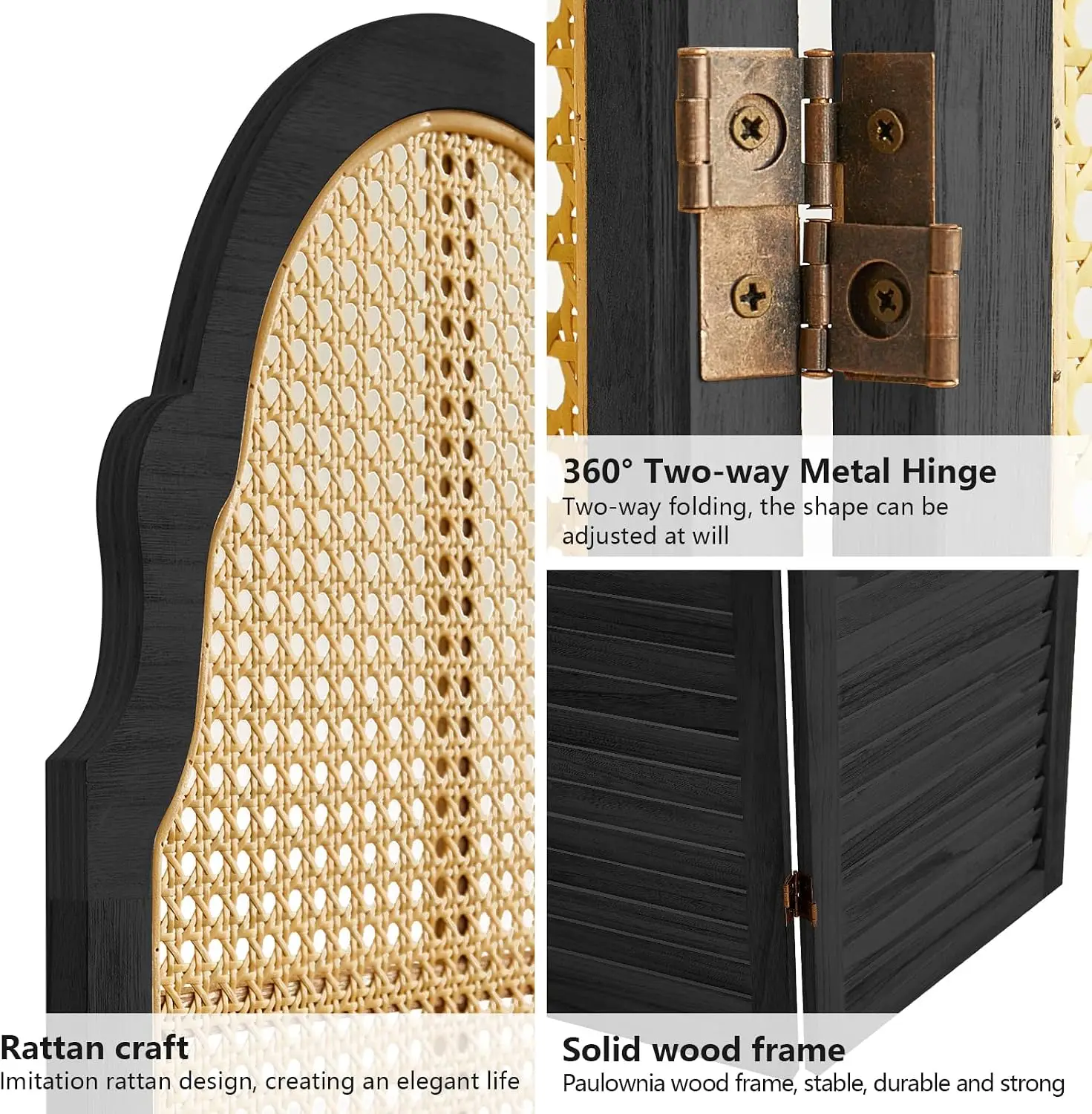 Room Divider 4 Panel Folding Privacy Screen, Woven Rattan Freestanding Partition Wall, Portable Room Separation Decoration Accent, Rustic Farmhouse Boho Style, Black, Single Piece
