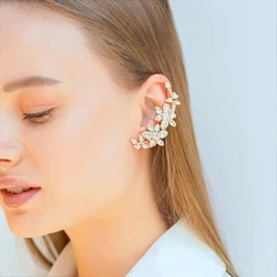 XSBODY Fashion Boho Flower Ear Cuff Clip for Bridal Non Piercing Jewelry Trending Design Rhinestone Climber Earrings Clips Party