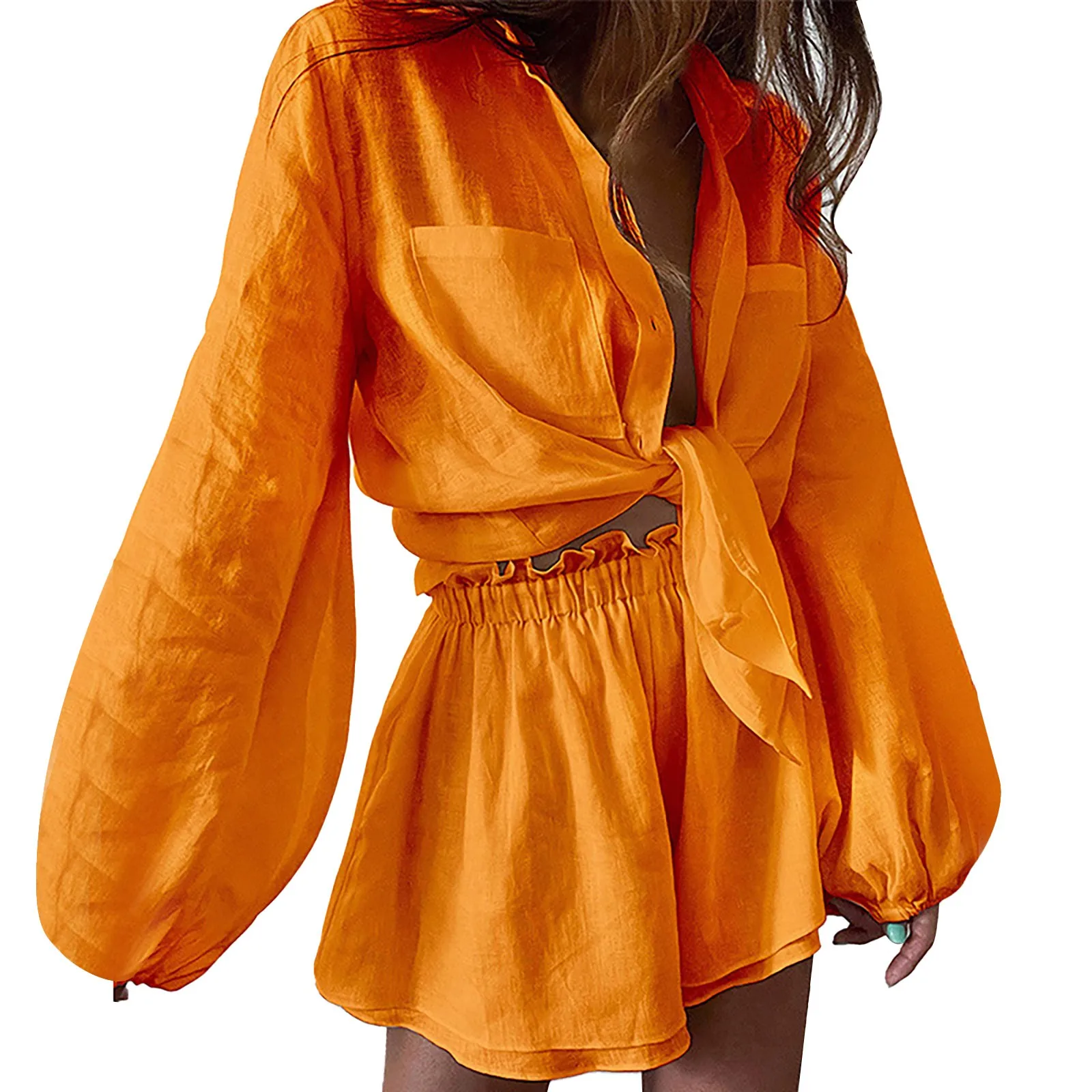 plus Size Ladies Summer Short Set Solid Color Lace Up Long Sleeve Cotton Line Shorts Fashion Casual Set Bathing Suit Cover Ups