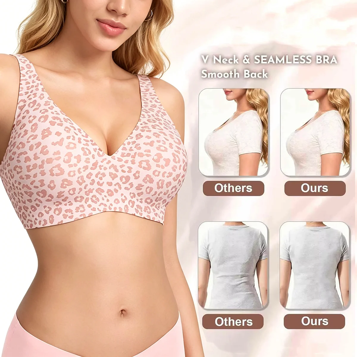 Sujetador sin costuras, sin aros, con soporte suave como la gelatina, fino, moldeado, con estampado de leopardo, cómodo y transpirable, con efecto push-up.