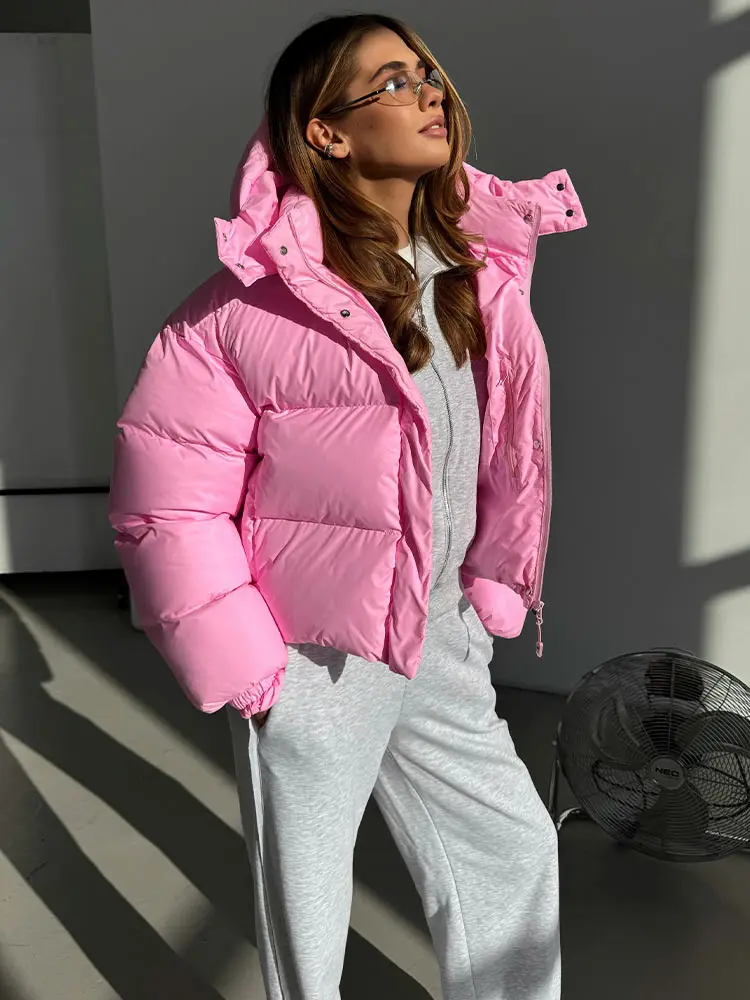 Women's Glossy Shiny Hooded Zip Cropped Puffer Jacket Oversized Loose Fit Long Sleeve Elastic Cuff Padded Warm Casual Winter Top 5