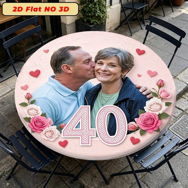 Elegant 40th Anniversary Couple Rose Heart Pink Custom Elastic Tablecloth 2D Flat Circular Tablecover for Special Occasions