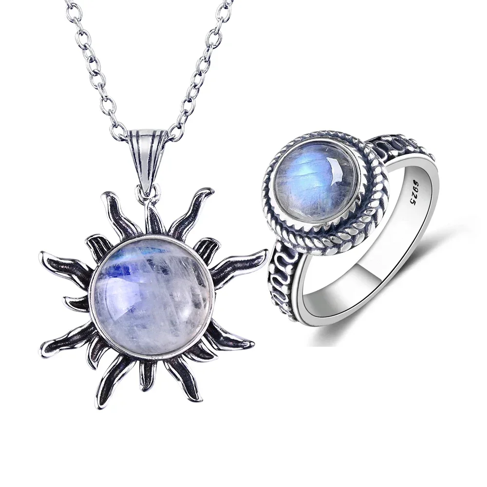 

Sun & Moon Themed Moonstone Jewelry Set Silver Vintage Boho Necklace Ring Gift for Her Appropriate Party Wedding Adorn Wholesale
