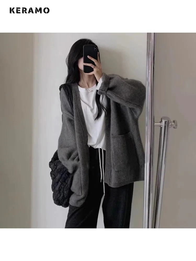 Casual Single Breasted Sweater Women Knitting Solid Oversized Jumpers Vintage Fashion Long Sleeve V-neck Loose Fit Cardigans