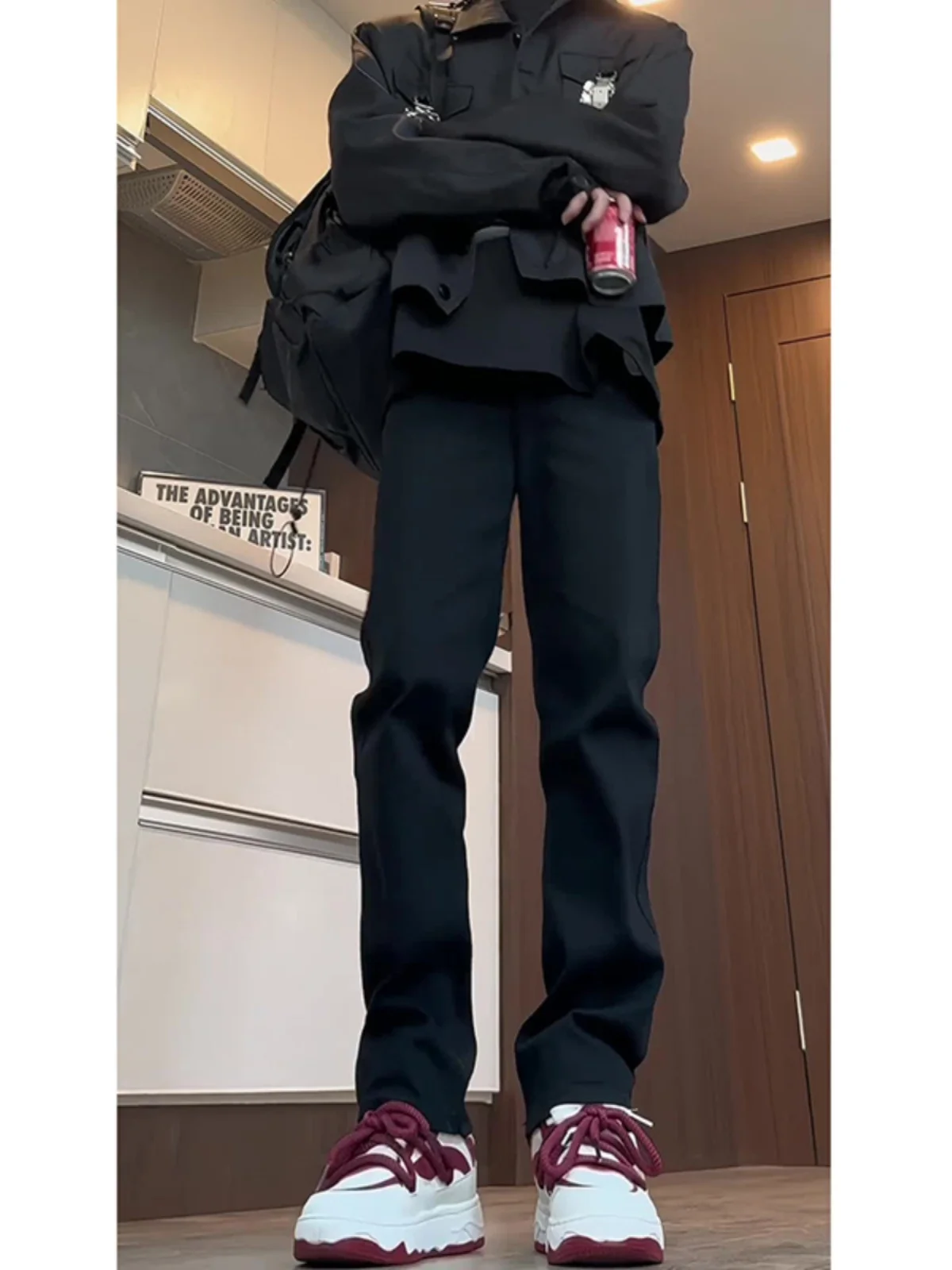 

Black Fleece Lined Soft Jeans Men's Autumn Winter Slim Fit Teenager Straight Leg Pants Wear Resistant Stretch Denim Jeans