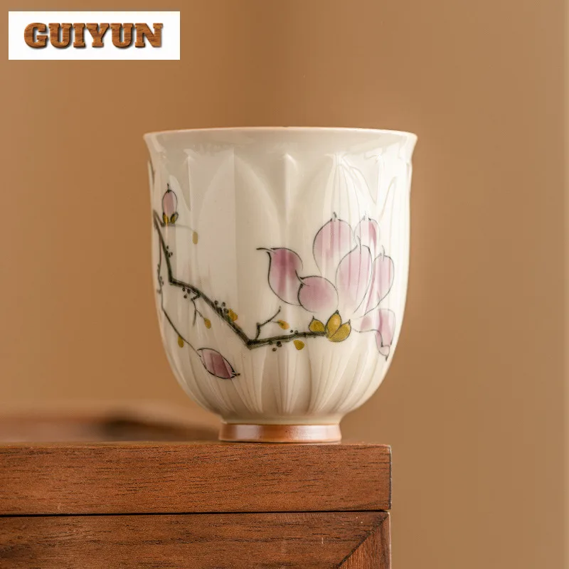 90ml Hand-drawn Magnolia Flower Petal Cup Exquisite Single Master Cup Relief Petal Smelling Fragrant Mug Meditation Cup Teaware