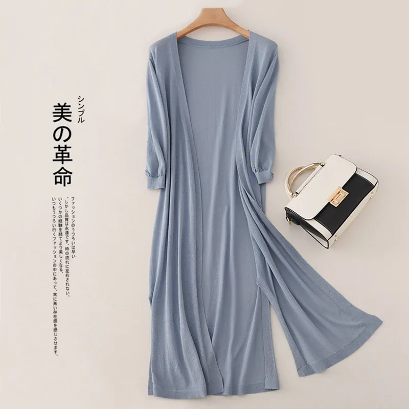 

2025 Summer Women Midi Long Thin Cardigan Jacket Casual Loose Ice Silk Knitted Cardigans Lady Slim Sweater Coat Sunscreen Shawl