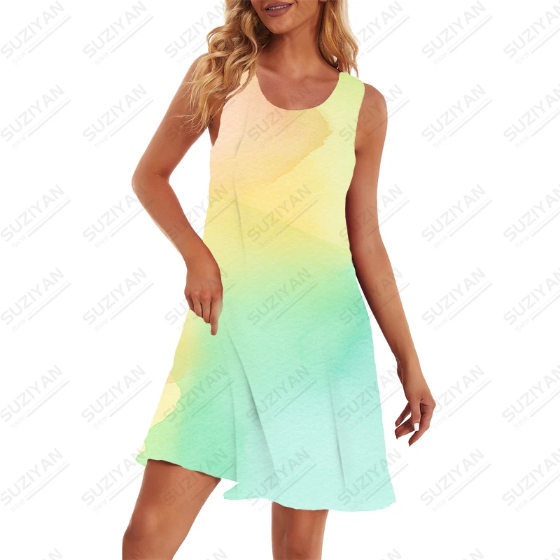 Harajuku Style Dress Summer Sleeveless Dress Outdoor Loose Casual Dress Fashion Simple Dress Color Ink 3D Printed Dress