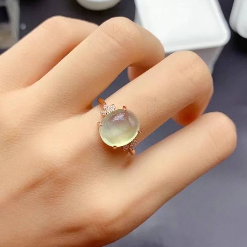 5ct Natural Prehnite Ring for Party 10mm*12mm Light Prehnite 925 Silver Ring with 3 Layers 18K Gold Plating