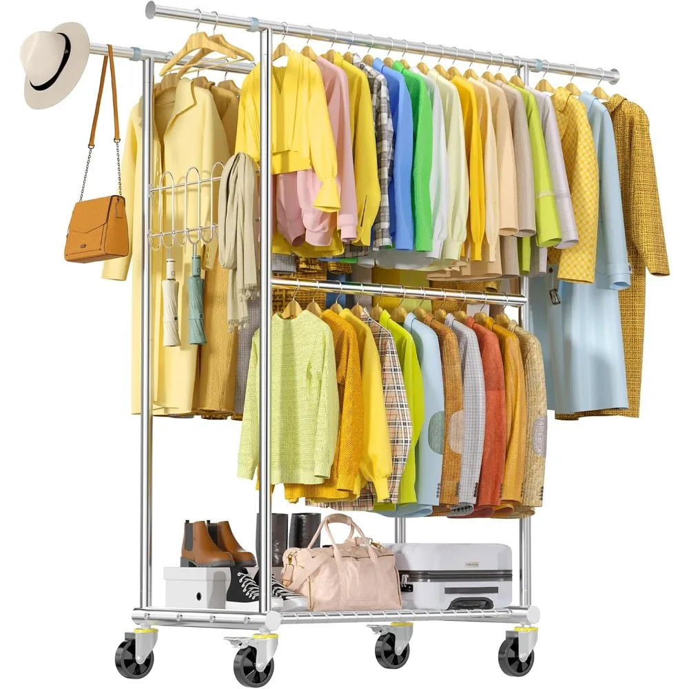 

100% Stainless Steel Heavy Duty Clothes,Three Rods Clothing Racks,Rolling Garment Rack With Sturdy Wheels Shelves Hooks