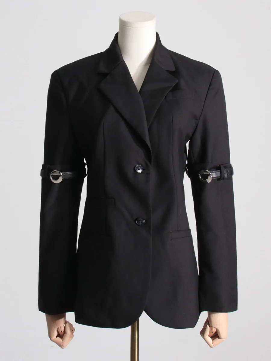 Women's formal spliced lapel long sleeve outwear blazer jacket belt two button slim blazer coat