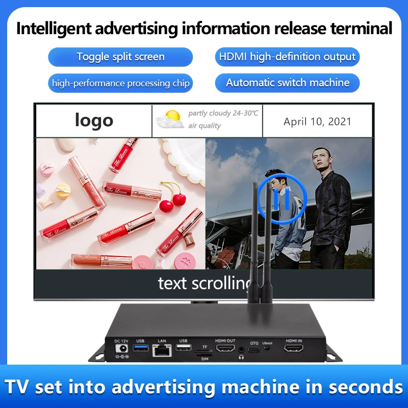 Scatola pubblicitaria Lettore di segnaletica digitale 4K Informazioni Android Rilascio Immagine Rolling Sottotitoli Display a schermo diviso per ingresso HDMI