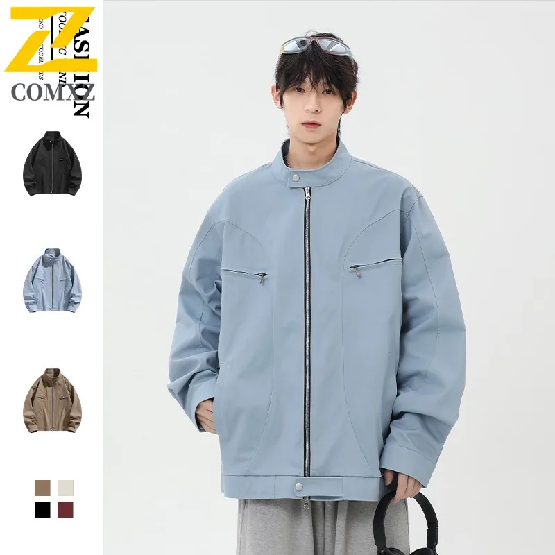 

COMXZ 2025, мужская тяжелая ледниковая синяя рабочая одежда, весенне-осенняя короткая модная куртка с воротником-стойкой и воротником-стойкой