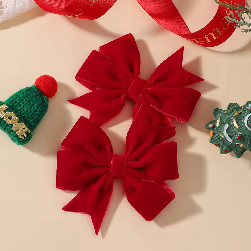 2pcs/set Handmade Velvet Bow Hair Clips for Baby Girls Vintage Christmas Red Green Bowknot Hairpins Barrette Hair Accessories - Image 7