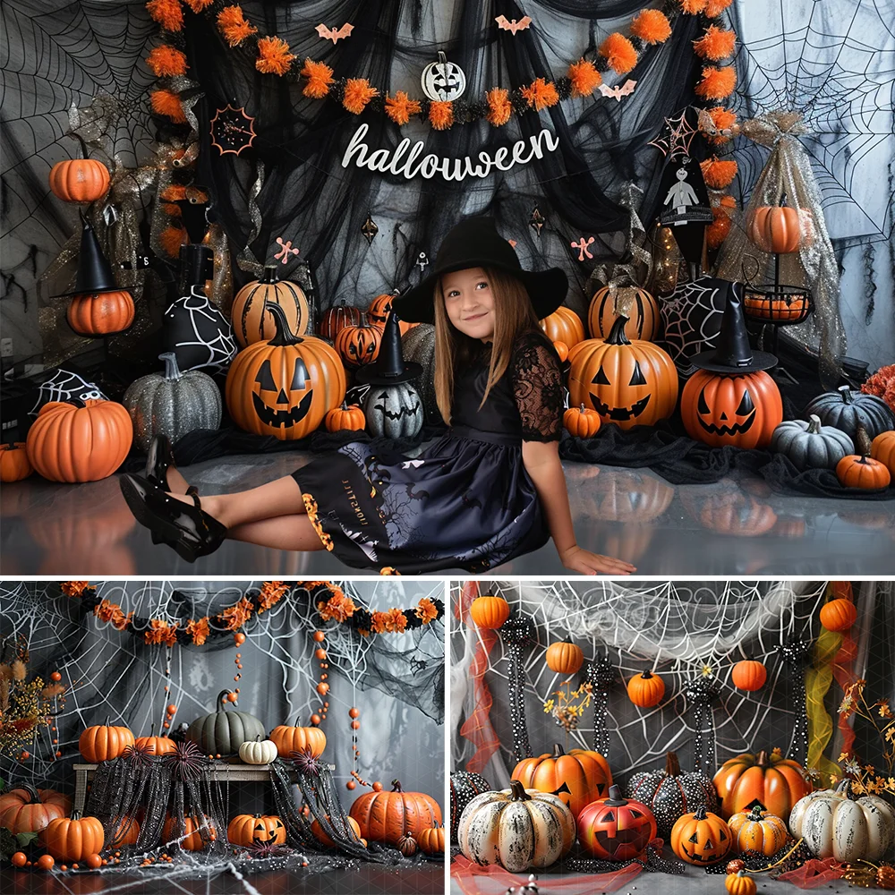 

Halloween Themed Backdrop Spider Web Pumpkins Decor Colorful Ribbon Garlands Playful Elements Background Photo Studio Photo-call