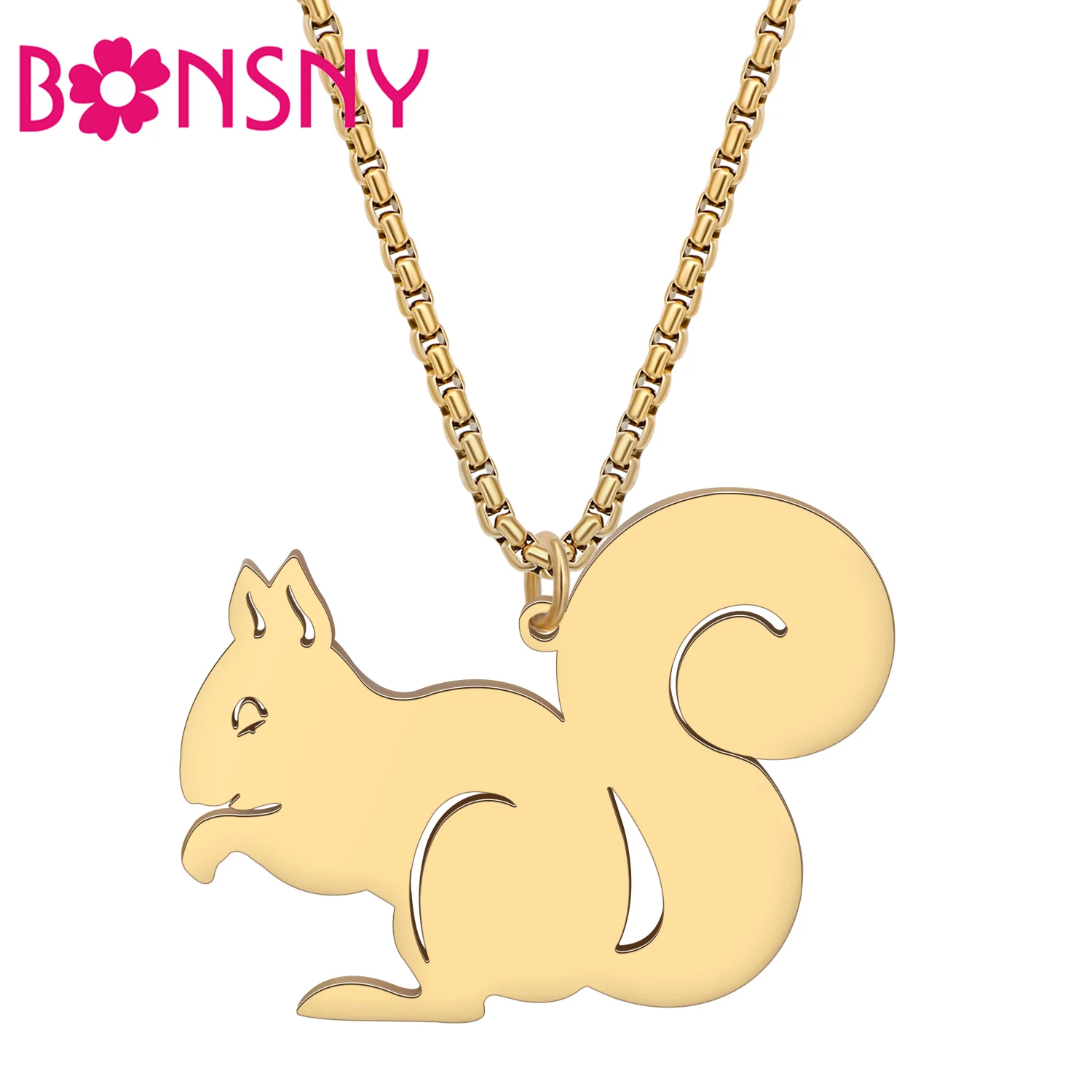 BONSNY Stainless Steel Funny Squirrels Animals Jewelry Necklace Pendant Chain For Women Girls Kid Plated Silver Gold Gifts