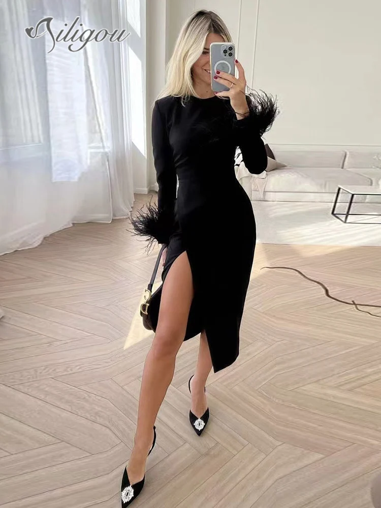 Ailigou 2023 New Women's Black Sexy Fit Midi Split Bandage Dress Elegant Bodycon Long Sleeve Feather Design Party Dress Vestidos