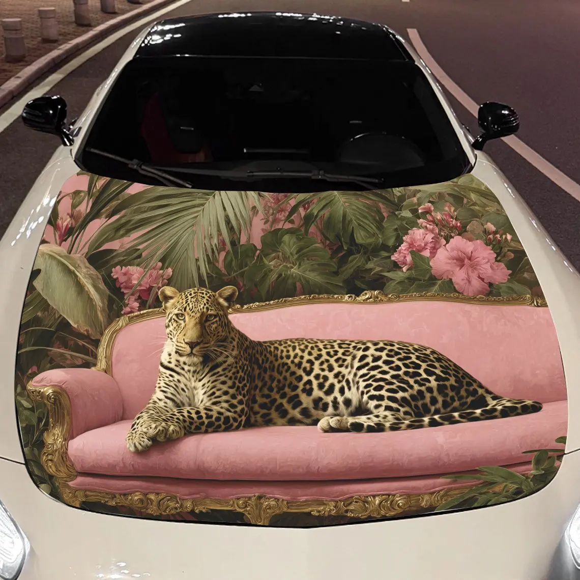 The cheetah on the sofa Car hood packaging sticker, PVC material, self adhesive waterproof, anti slip paint, car exterior decora